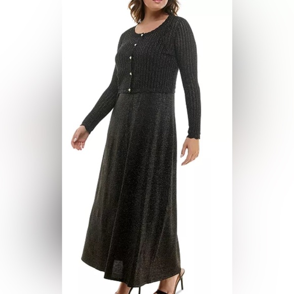 Plus Size Button-Front Sparkle Cardigan Dress Set color black